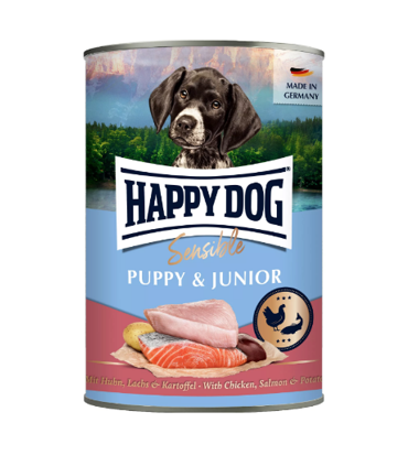 Lata HAPPY DOG Sensible Puppy y Junior (Salmón)